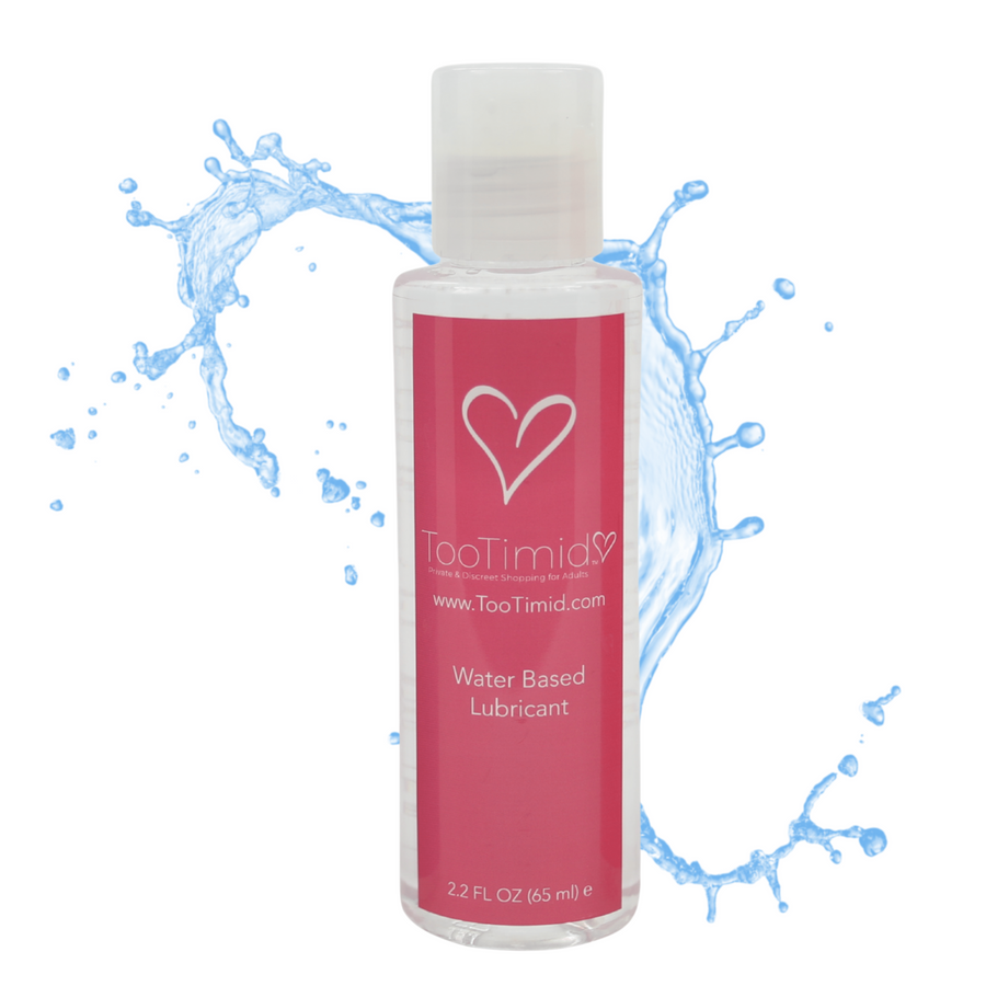 2.2 fl oz TooTimid water-based lubricant bottle with watersplash in the background