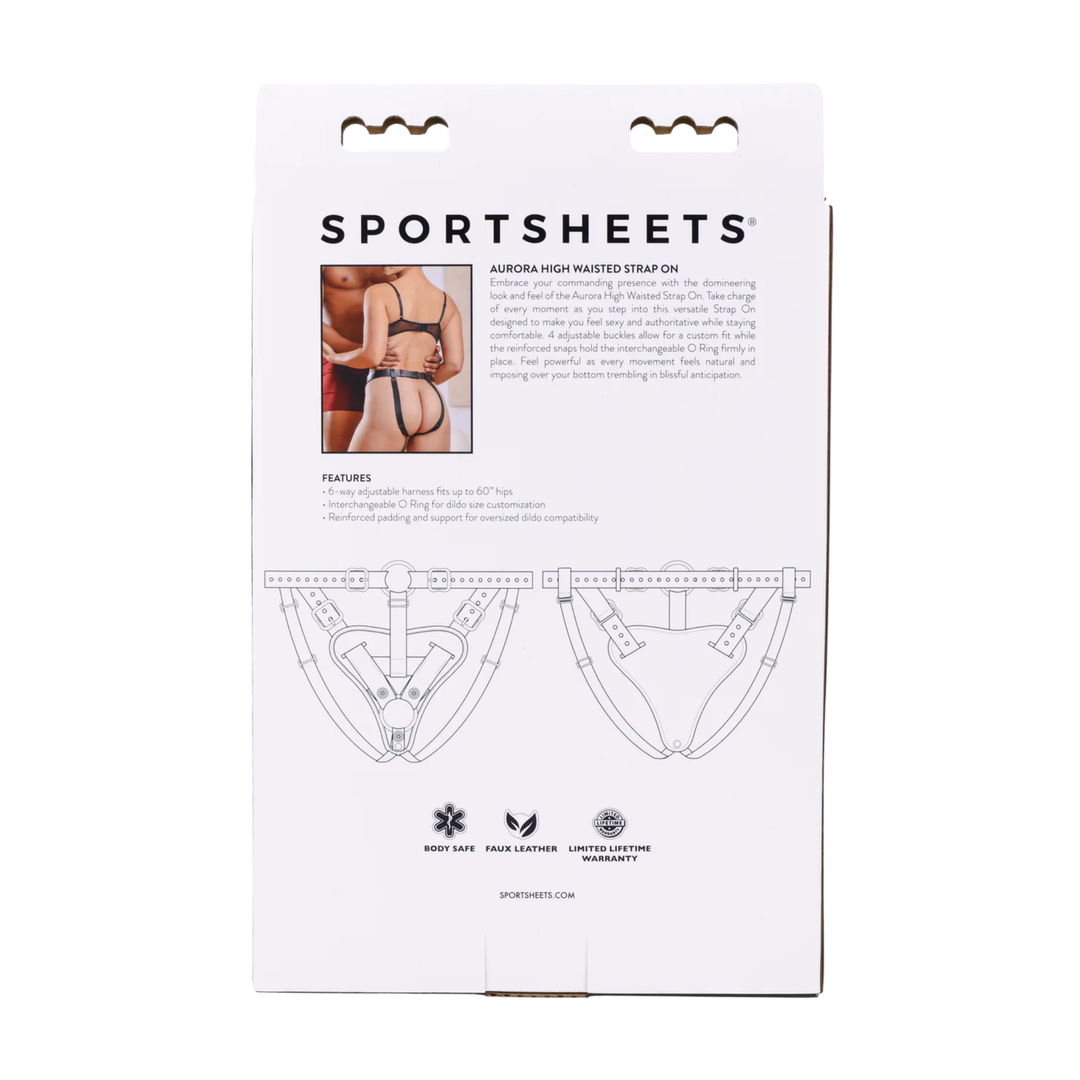backside of Aurora High Waisted Strap-On Harness By Sportsheets packaging 