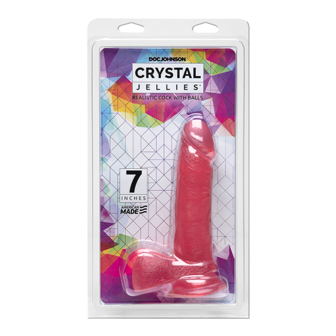 pink red 7 inch Crystal Jellies Realistic Ballsy Cock in packaging 