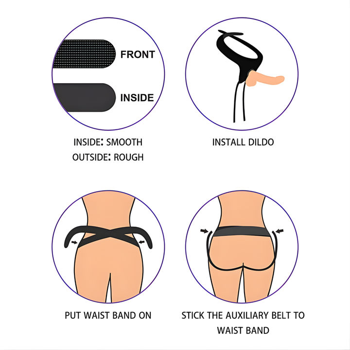 velcro straps, install dildo, put waist band on, stick the auxiliary belt to waist band INGEN 7.5 Inch Easy Strapon Set