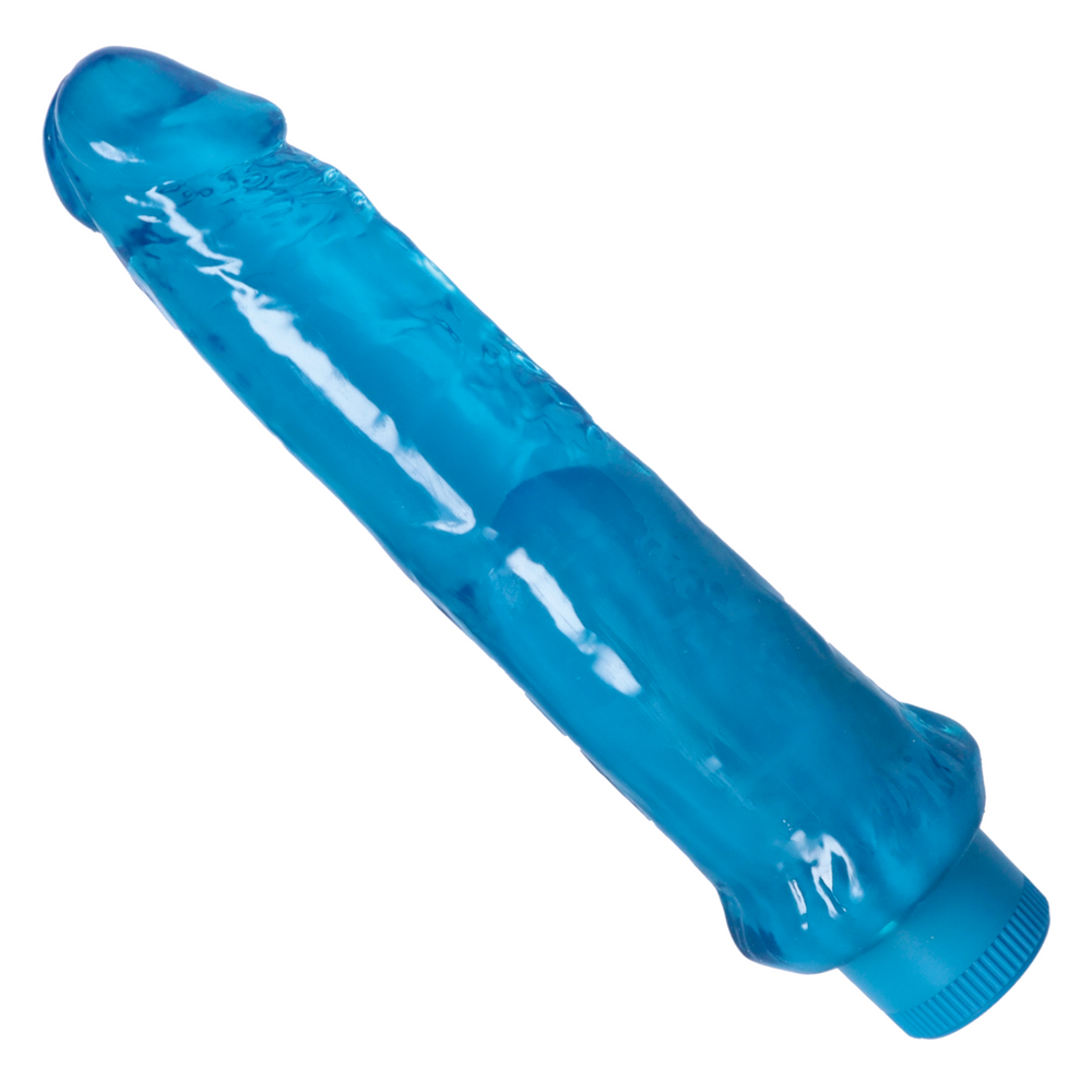 vibrating 8 inch dildo from TopCat - blue angled view