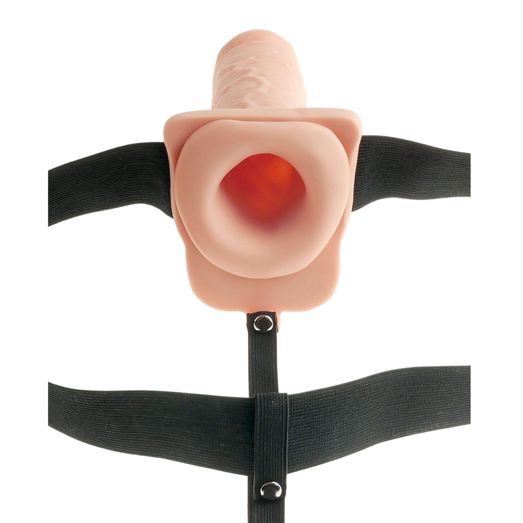 view of hollow interior of Fetish Fantasy Series Hollow Rechargeable Strap-On Dildo with Balls and Harness 11in 