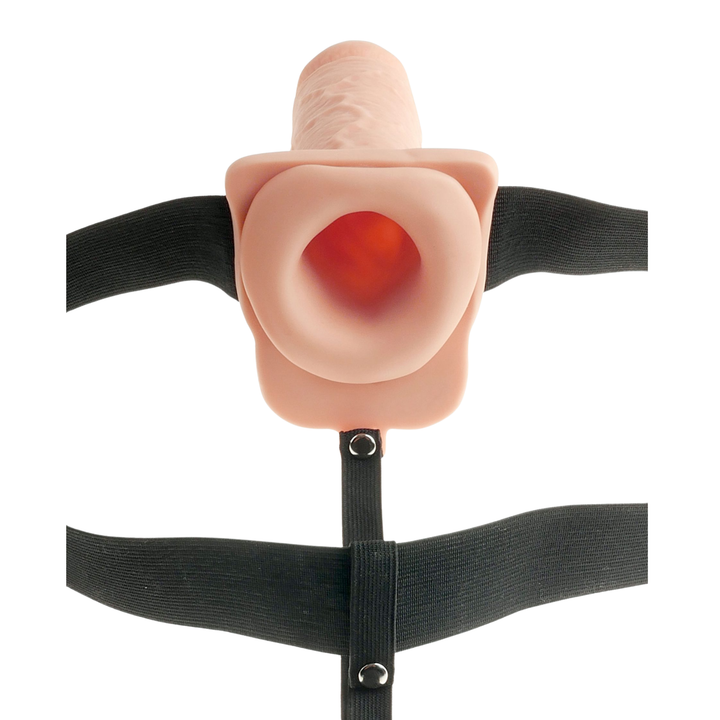 view of hollow interior of Fetish Fantasy Series Hollow Rechargeable Strap-On Dildo with Balls and Harness 11in 