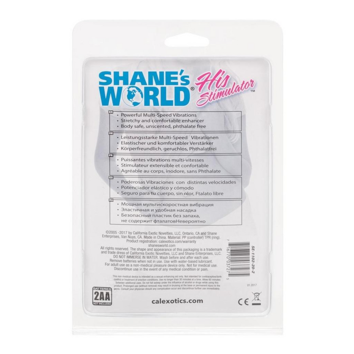 backside of Shane's World His Stimulator Vibrating Cock Ring with Wired Remote Control in Blue color
 as seen inside of packaging 