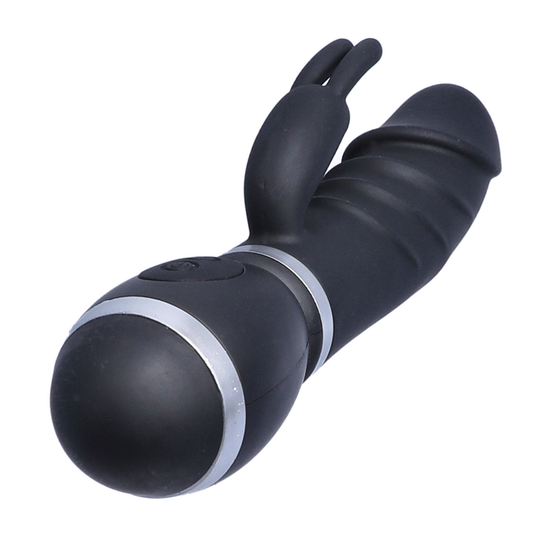 bunny with fluttering ears black rippled silicone rabbit vibrator  