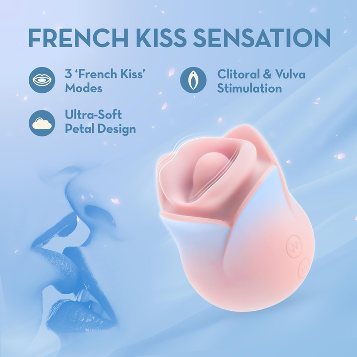 french kiss sensation 3 french kiss modes ultra soft petal design, clitoral & vulva stimulation Blush collection Kissing Rose Rechargeable Silicone Clitoral Stimulator