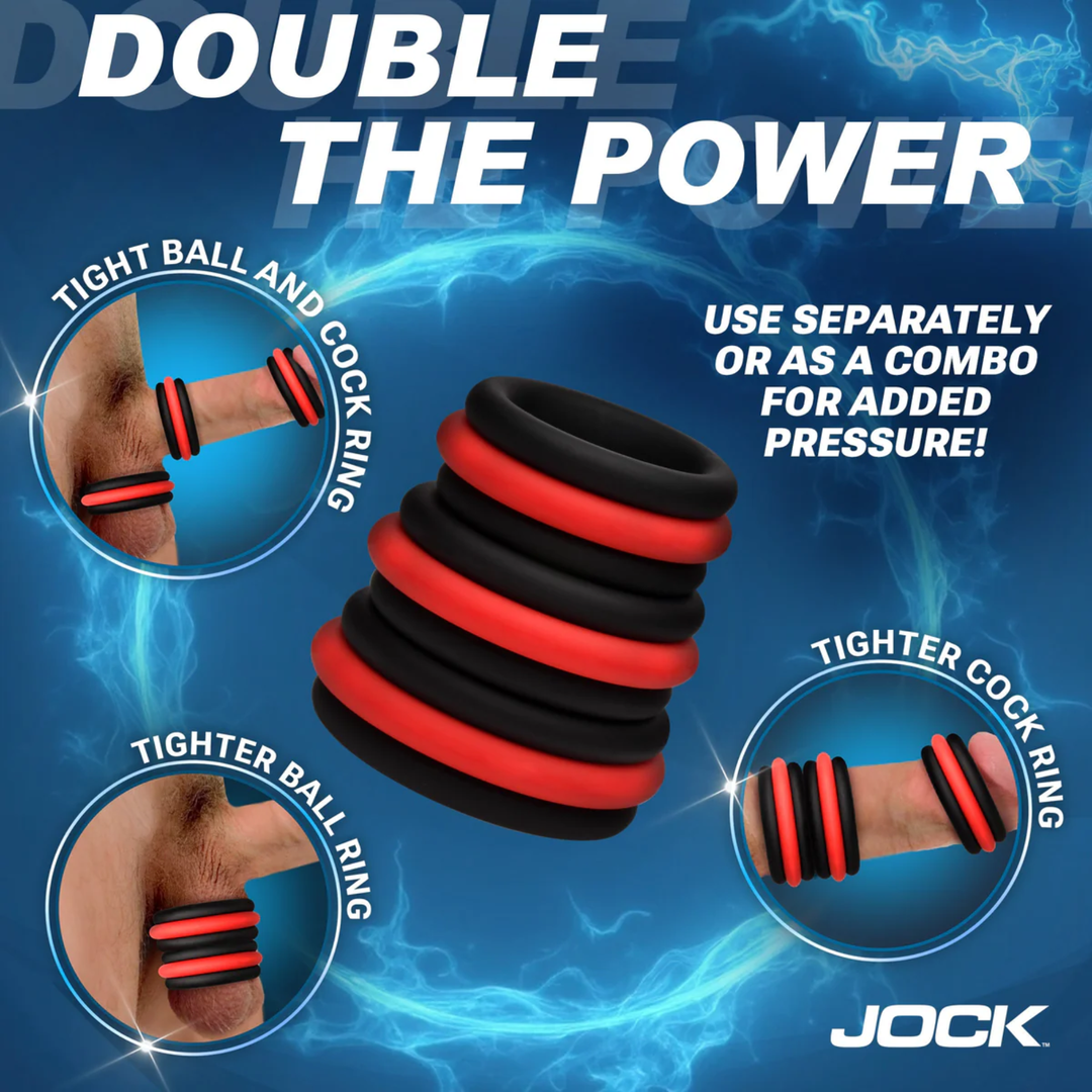 double the power use separately or as a combo for added pressure. Jock Enhancers 2-in-1 Silicone Cock Ring Set