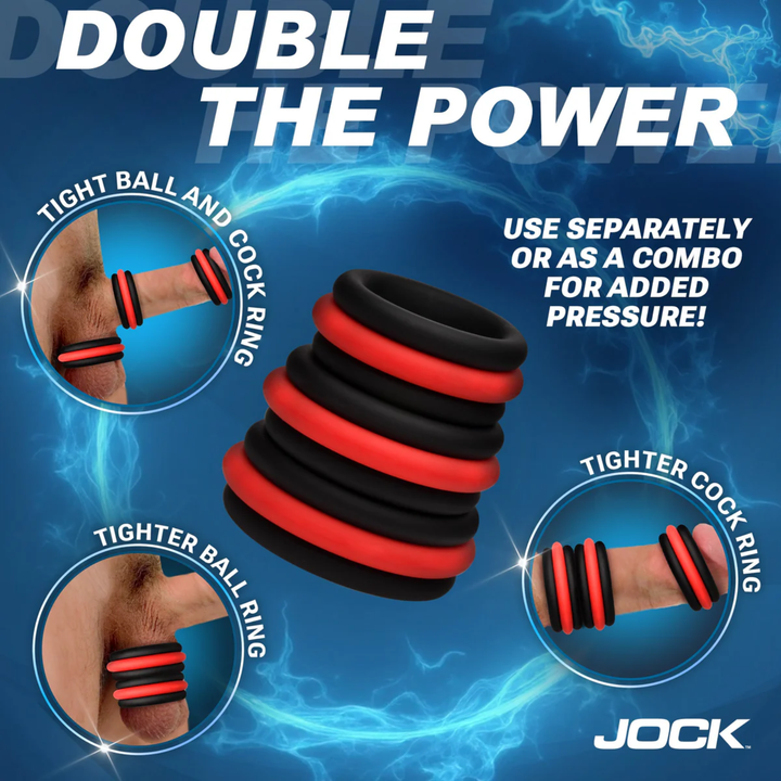 double the power use separately or as a combo for added pressure. Jock Enhancers 2-in-1 Silicone Cock Ring Set