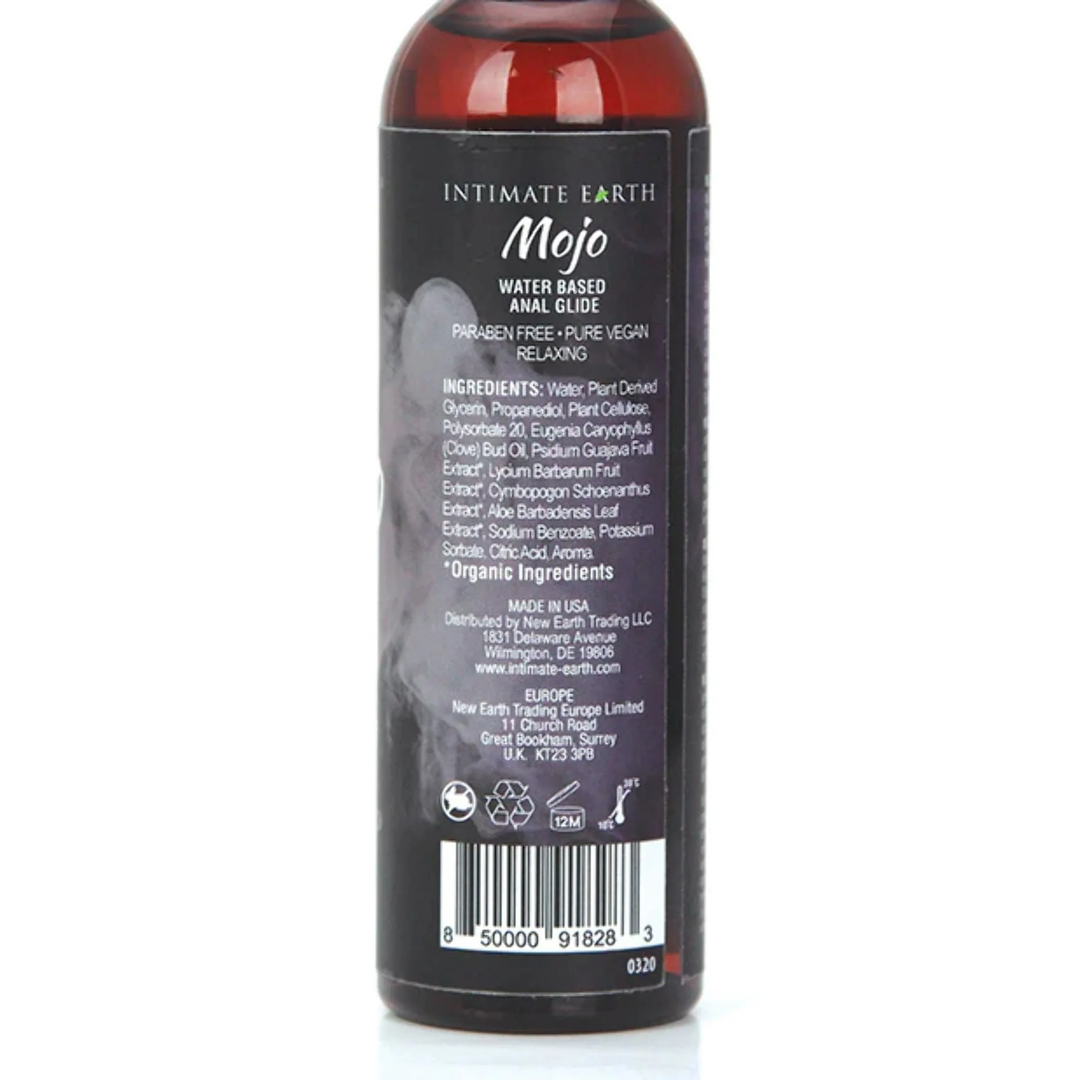 backside of MOJO Water Based Anal Relaxing Glide Lubricant 4oz bottle 