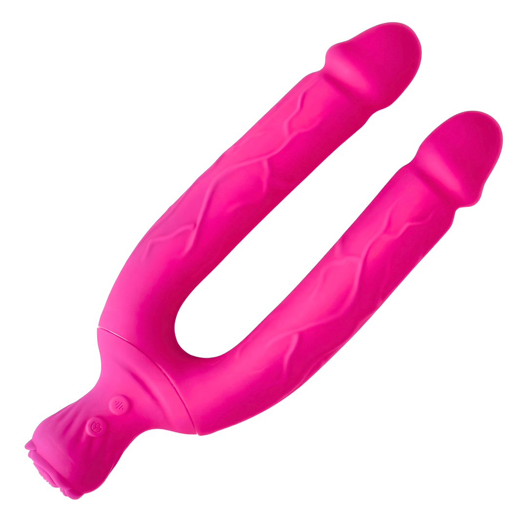full product view of Bendy Silicone Double Dildo Vibrator with Clit Teaser