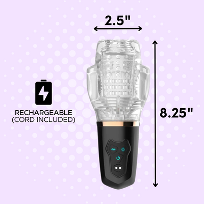 The dimensions of the masturbator is 2.5" in diameter and 8.25" in length. It is rechargeable with the cord included.
