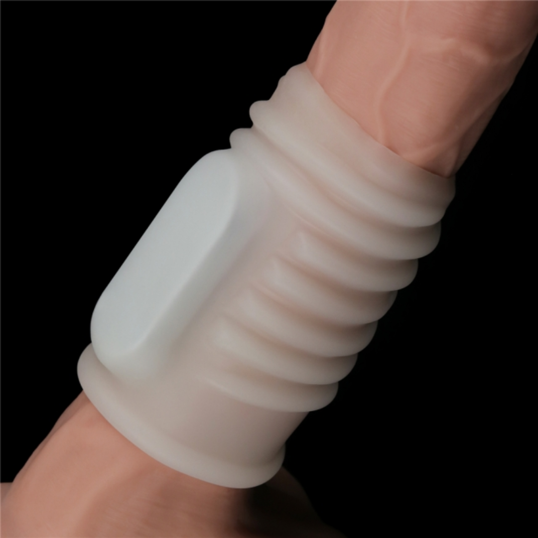 side view of white Spiral Vibrating Knights Ring as seen on a dildo 