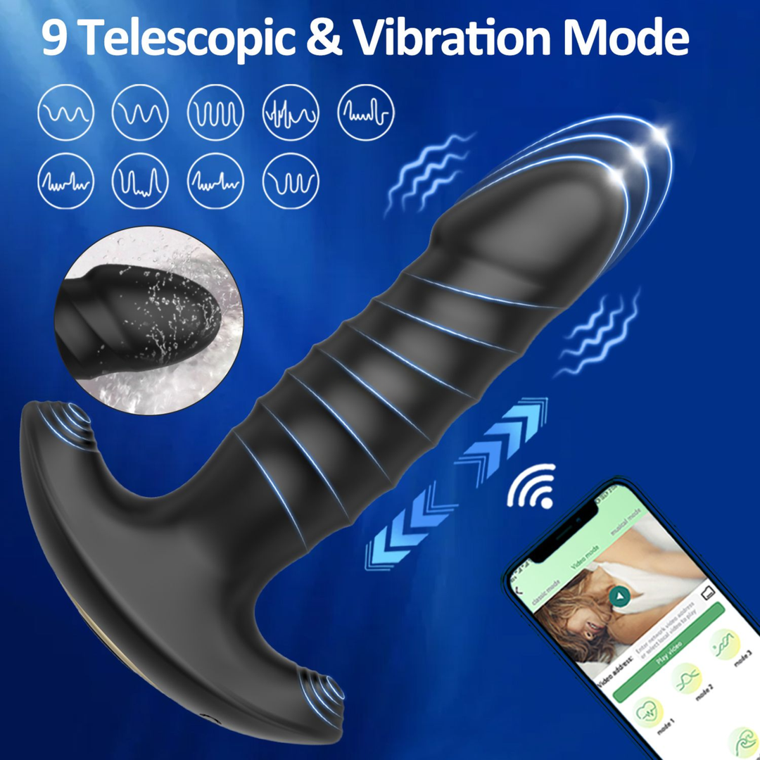 9 telescopic and vibration mode thrusting matte black butt plug 