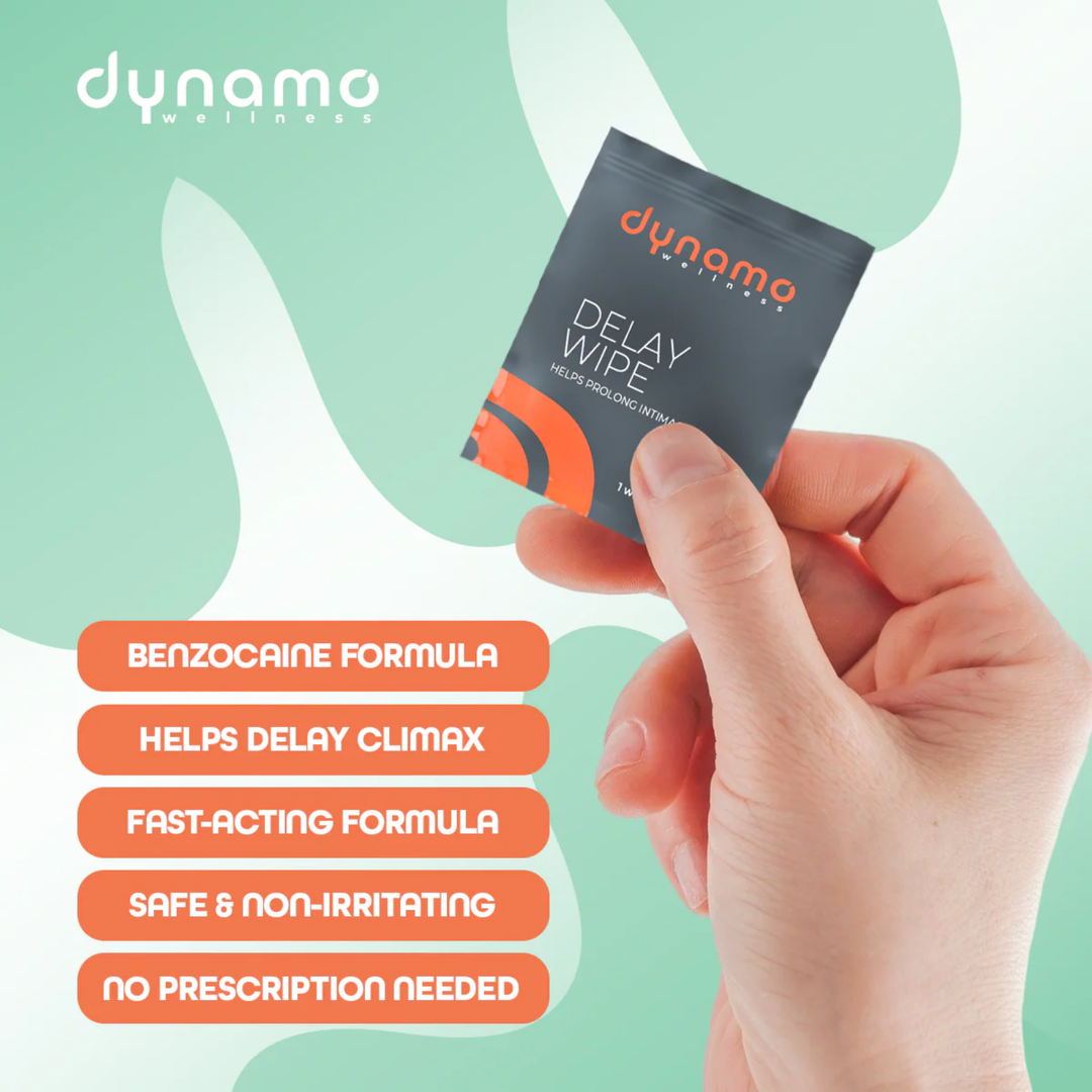 hand holding delay wipe packet from Dynamo Wellness All Night Intimacy Kit