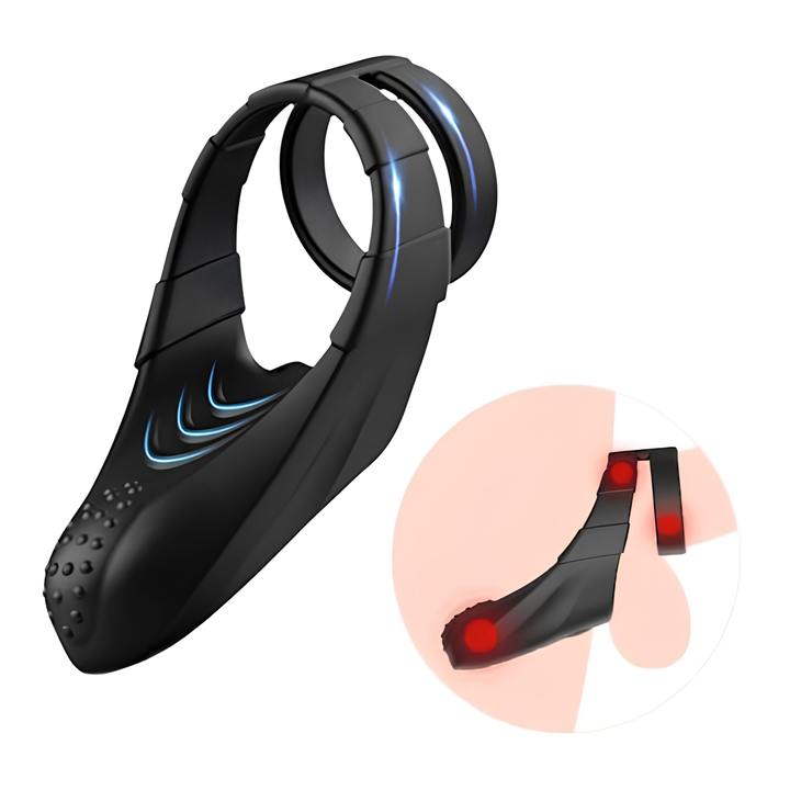 Sperm Locking Dual Cock Ring with Taint Teaser as seen next to drawing of how to use it 