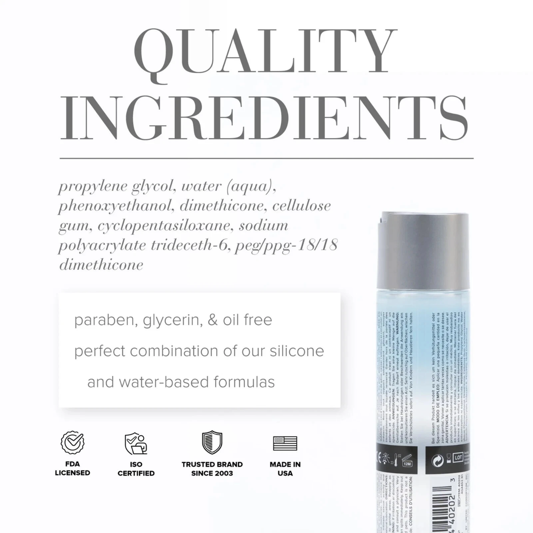quality ingredients paraben, glycerin, and oil free, perfect combination of our silicone and water-based formulas JO Classic Hybrid Lubricant