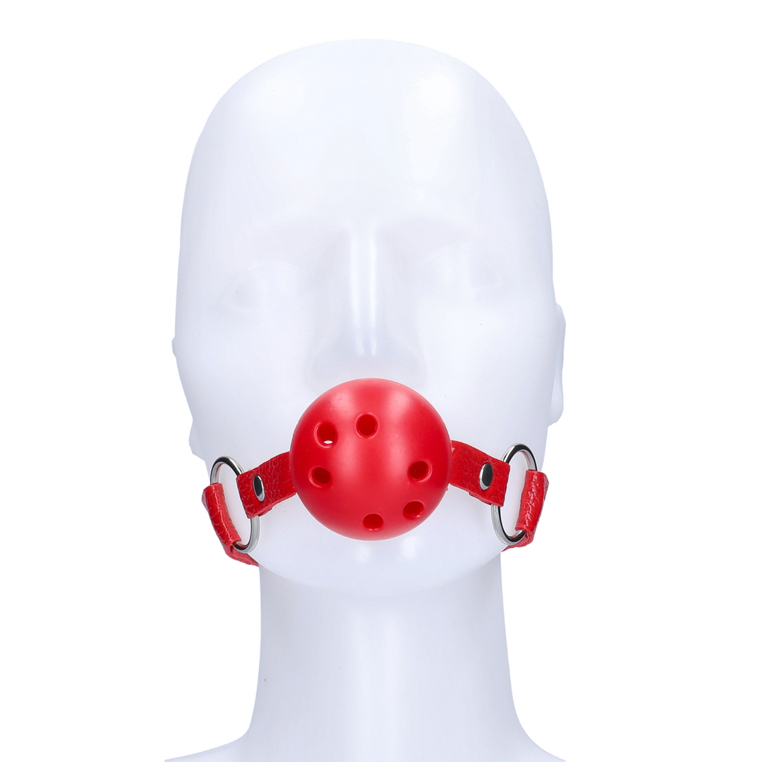Red ball gag on a head mannequin