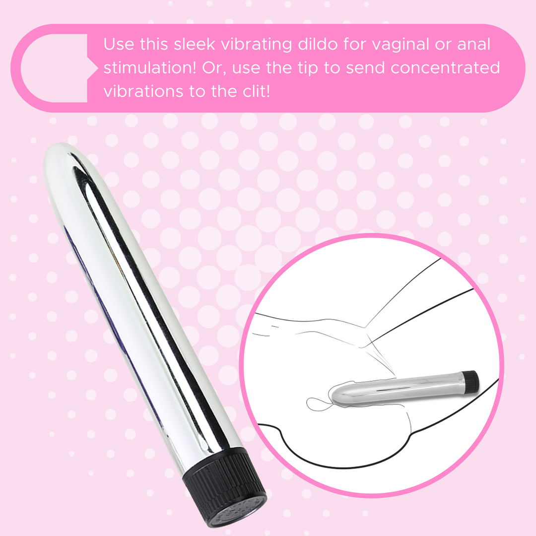 Pink background with sleek silver vibrator shown and an illustration of the vibrator inserted in a vagina. Use this sleek vibrating dildo for vaginal or anal stimulation! Or use the tip to send concentrated vibrations to the clit.