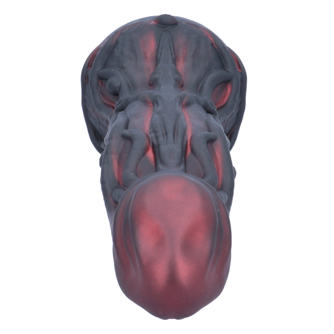 front view of bulbous tip from black and red alien dildo 