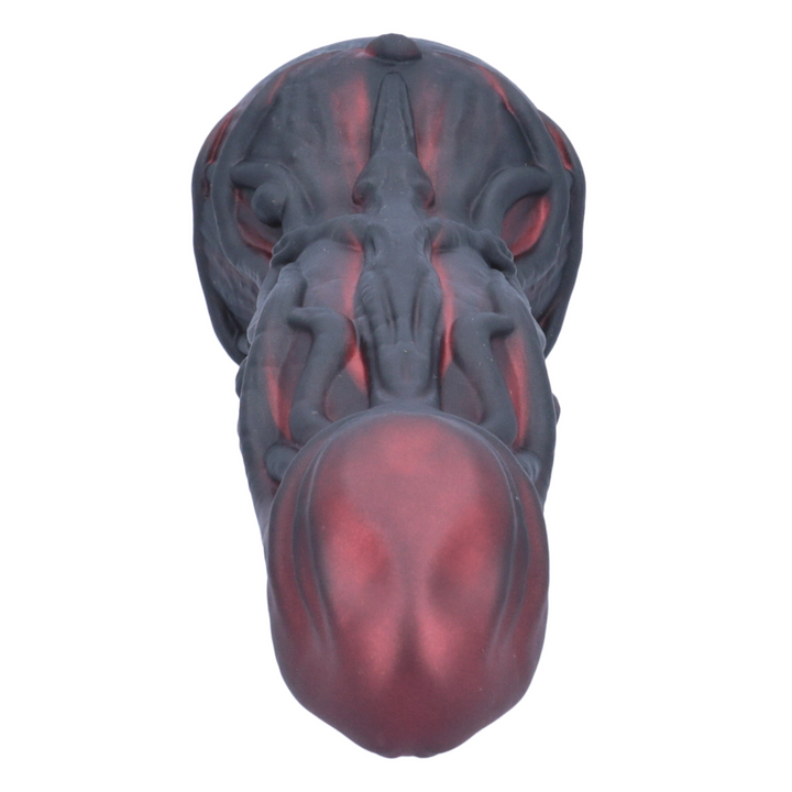 front view of bulbous tip from black and red alien dildo 