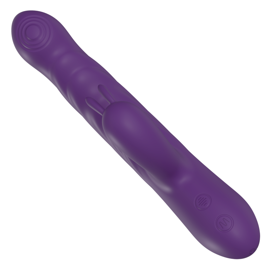 A purple silicone personal massager with a textured handle and a curved, bulbous tip, shown on a plain white background.