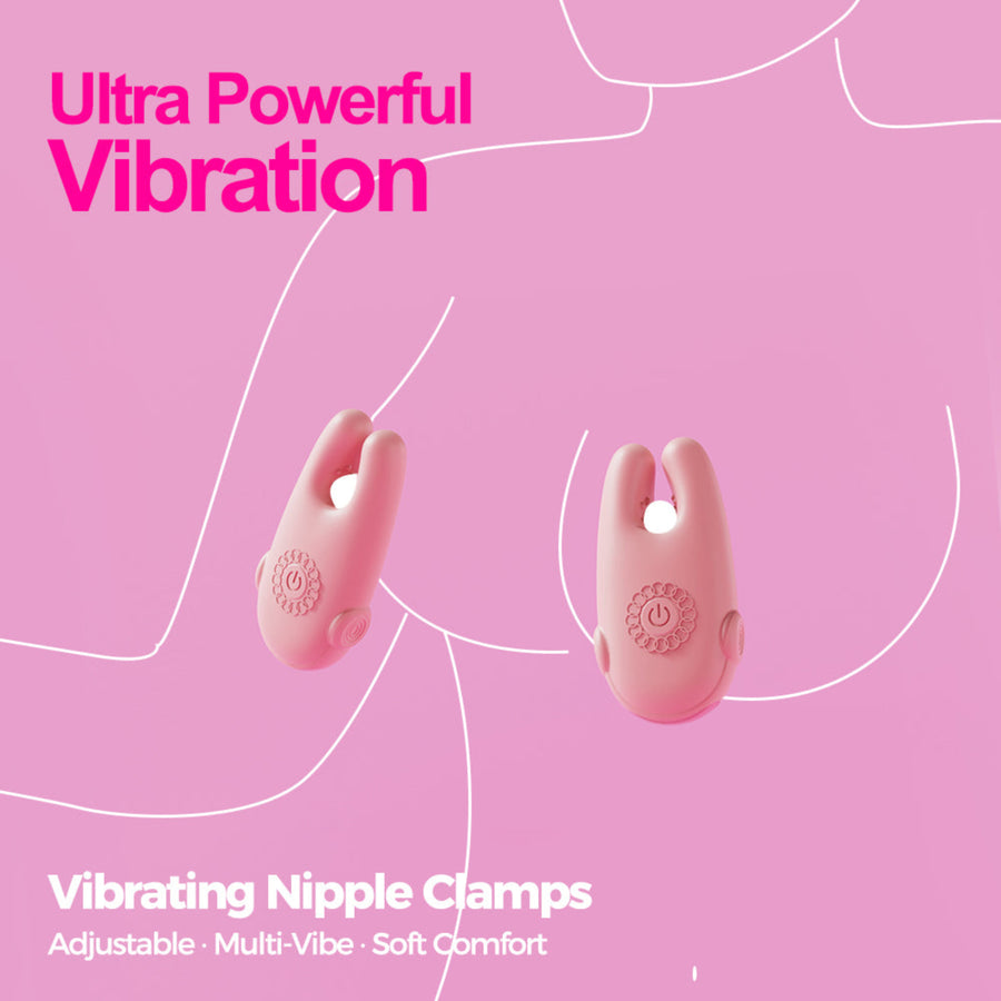 Pink vibrating nipple clamps shown on a pink background with white line art of a torso and text reading 'Ultra Powerful Vibration' and 'Vibrating Nipple Clamps'.