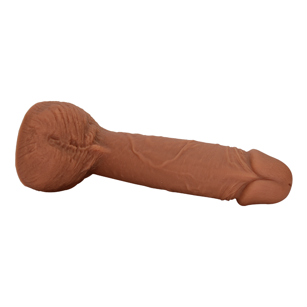 bottom view brown silicone dildo with balls