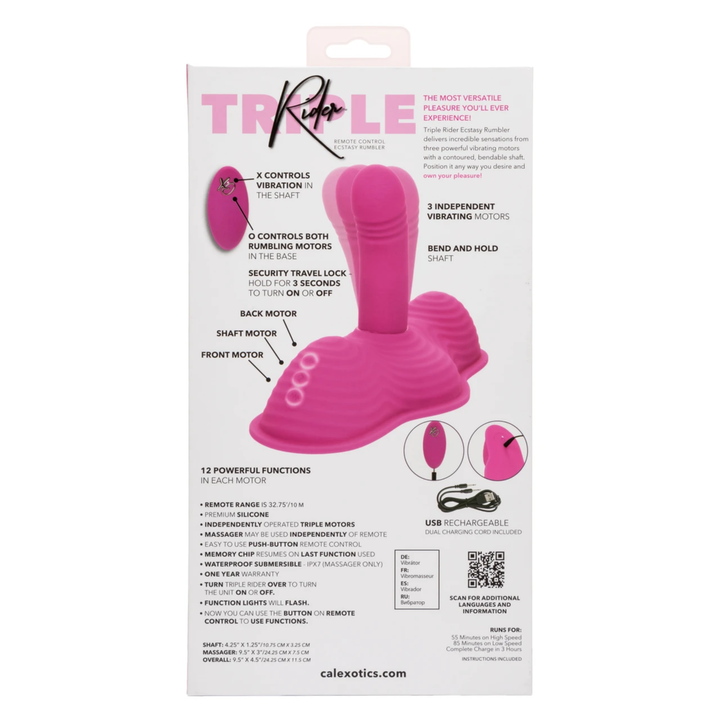 backside of Calexotics Triple Rider Remote Control Ecstasy Rumbler Rechargeable Silicone Vibrator packaging 