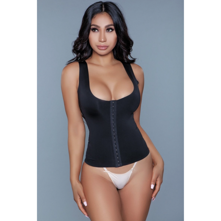 Model wearing seamless top bodyshaper with hook and eye closure in black facing forward