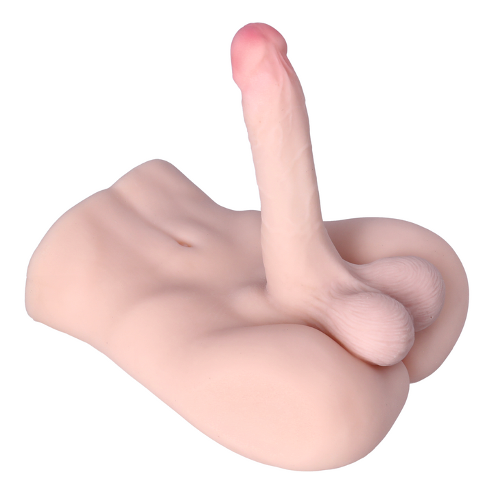 beige male torso with posable dildo realistic penis - angled top view of side 