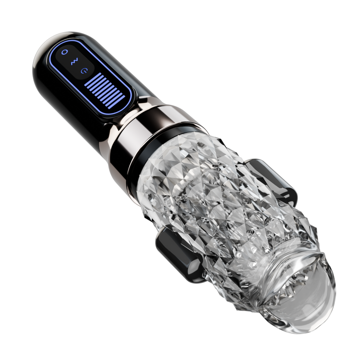 angled view of automatic male masturbator stroker that rotates, thrusts, vibrates and licks with dual vibrating bullets 