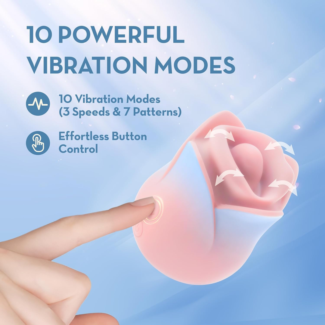 10 powerful vibration modes 10 vibration modes 3 speeds and 7 patterns, effortless button control Blush collection Kissing Rose Rechargeable Silicone Clitoral Stimulator