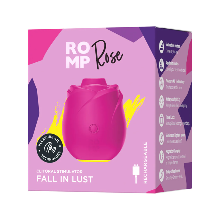 Romp Rose 2.0 Rechargeable Silicone Air Clitoral Stimulator as seen inside of packaging 