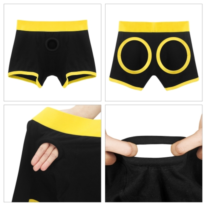 4 different images of INGEN Horny Strap-on Shorts features 