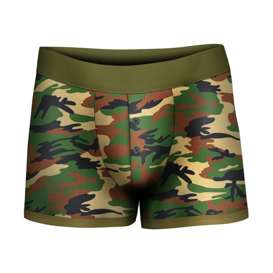 front side view of Unisex Camo Strap-on Shorts 