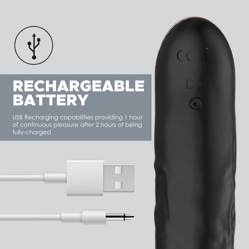 This silicone vibrator is 100% rechargeable. This toy includes a USB rechargeable cord that provides 1 hour of continuous pleasure after 2 hours of charging.