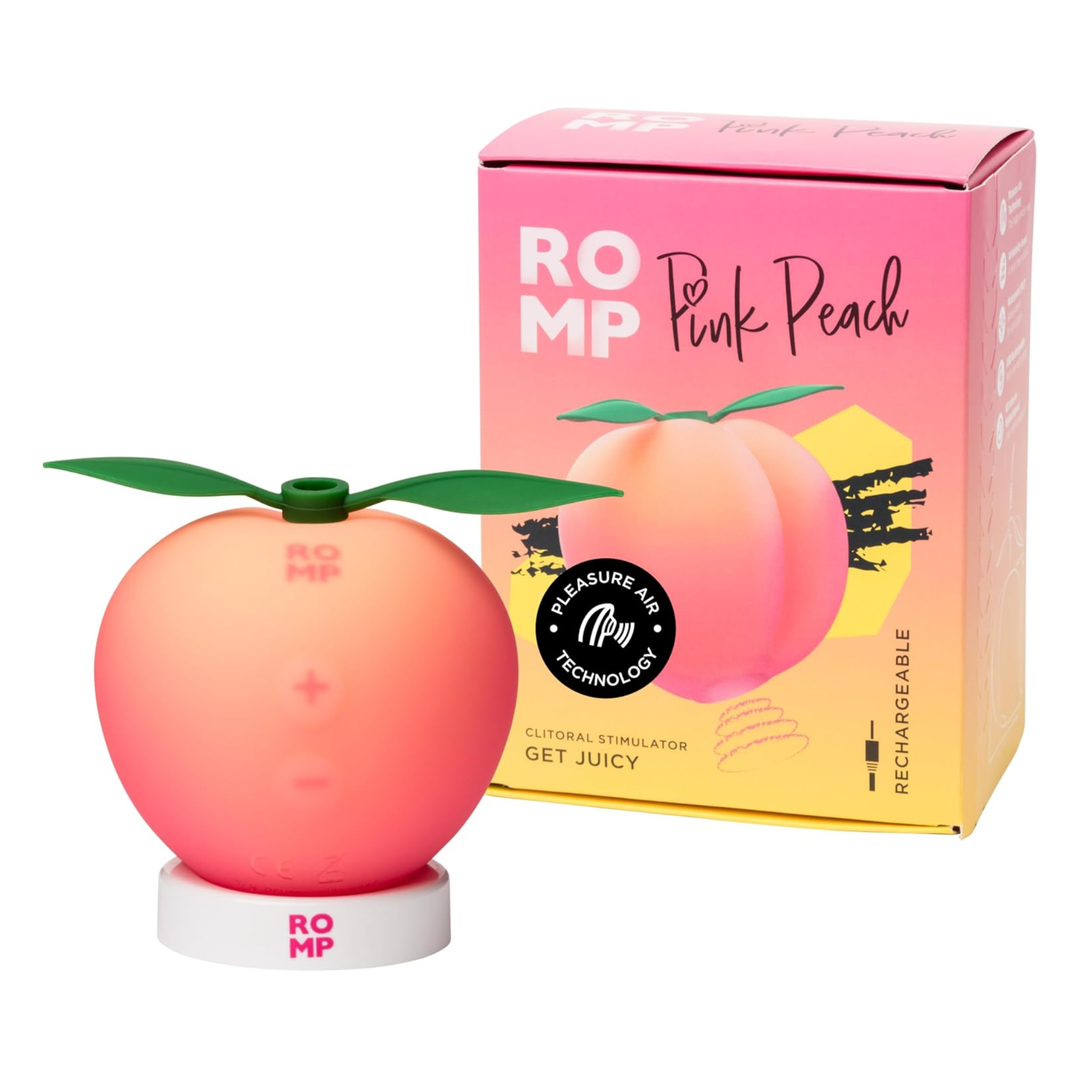 ROMP Pink Peach Rechargeable Clitoral Stimulator as seen outside of packaging 