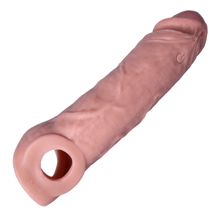 angled view of power button and USB charging cable from Vibrating Realistic Penis Sleeve 