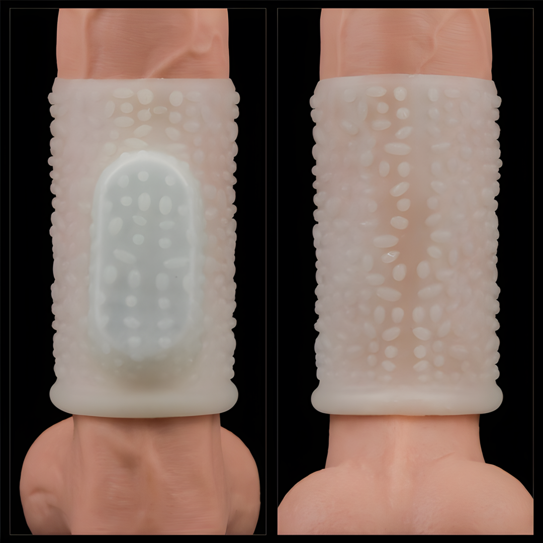top and bottom view of textured Vibrating Drip Knights Ring on a dildo 