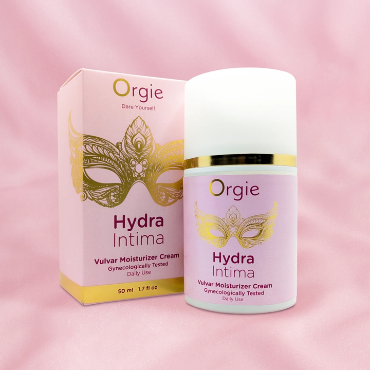 Orgie Hydra Intimate Vulvar Moisturizer Cream as seen next to packaging 