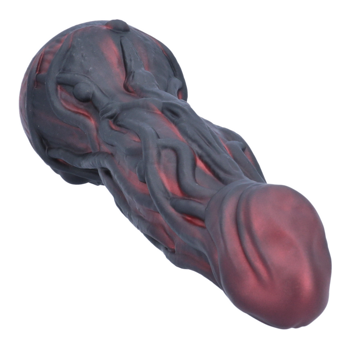 angled view of tip from veiny black alien penis dildo 