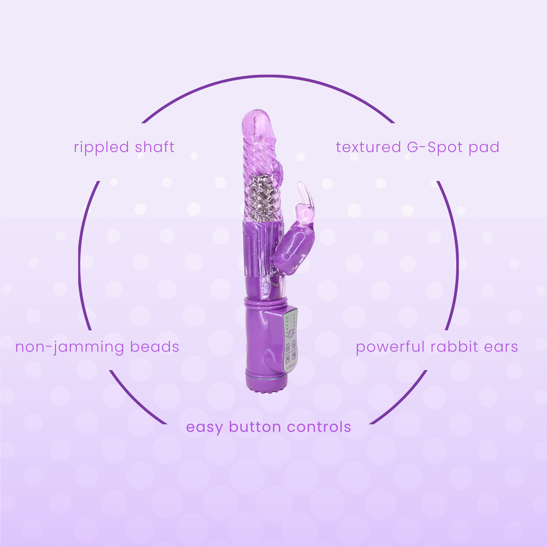Rippled shaft, textured G-Spot pad, non-jamming beads, powerful rabbit ears, easy button controls