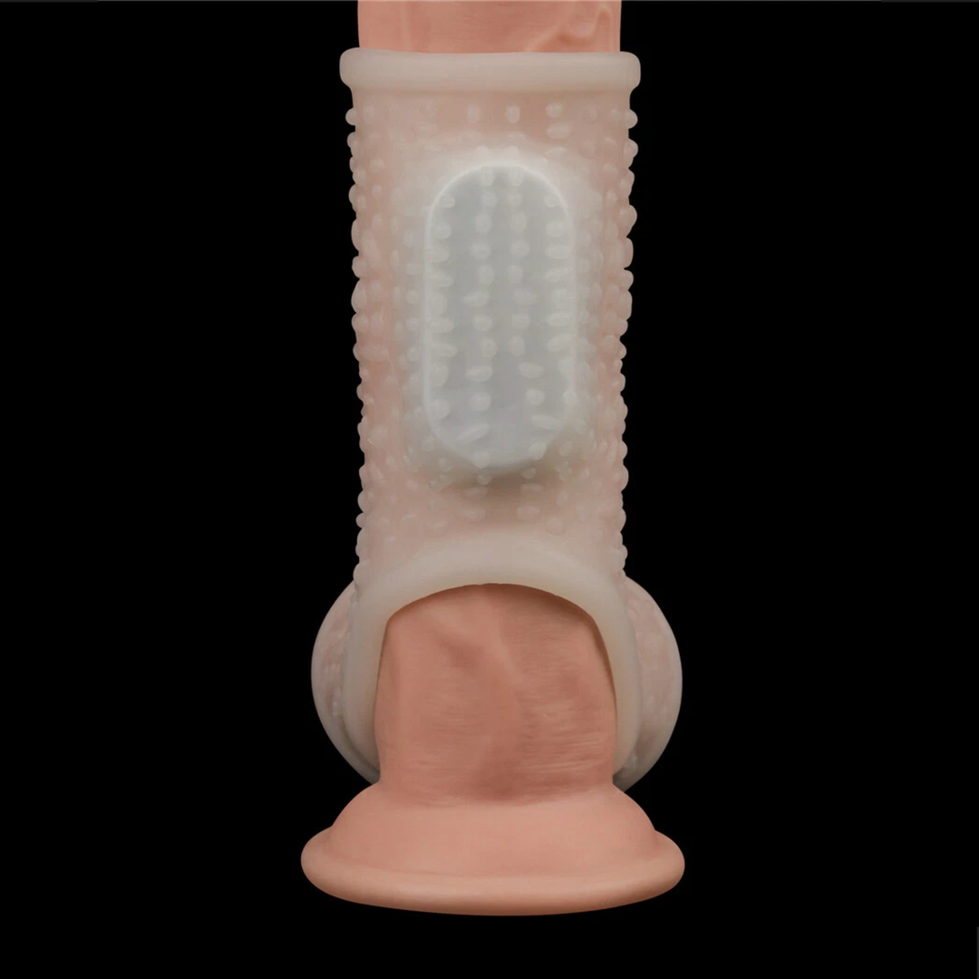view of built in bullet vibrator from Bumpy Knights Ring Scrotum Sleeve