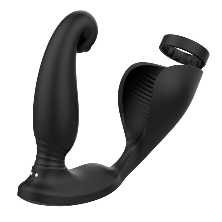 angled side view of Vibrating Cock Ring plus P-Spot and Ball Stimulator bent  ribbed texture mens sex toy 