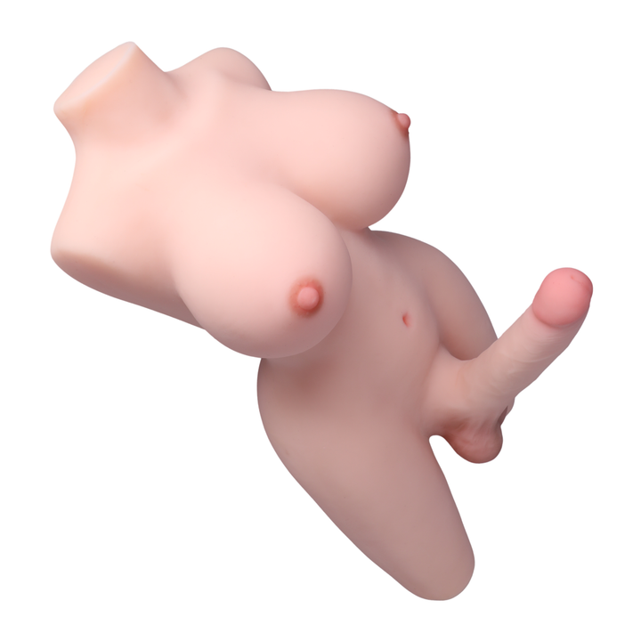 view of soft squeezable breasts from beige Jamie trans sex doll 