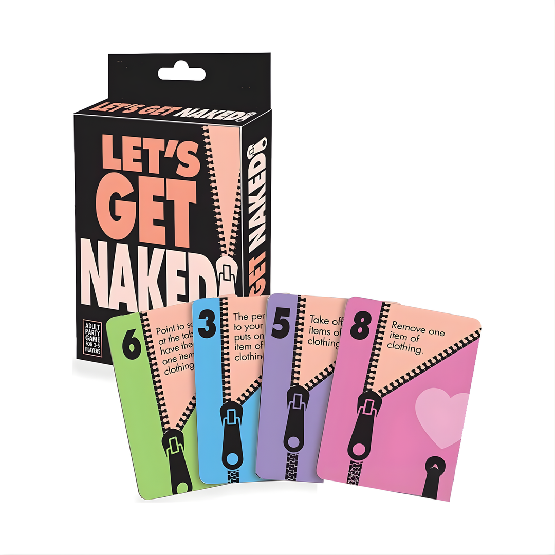Let's Get Naked Card Game box next to cards outside of packaging 