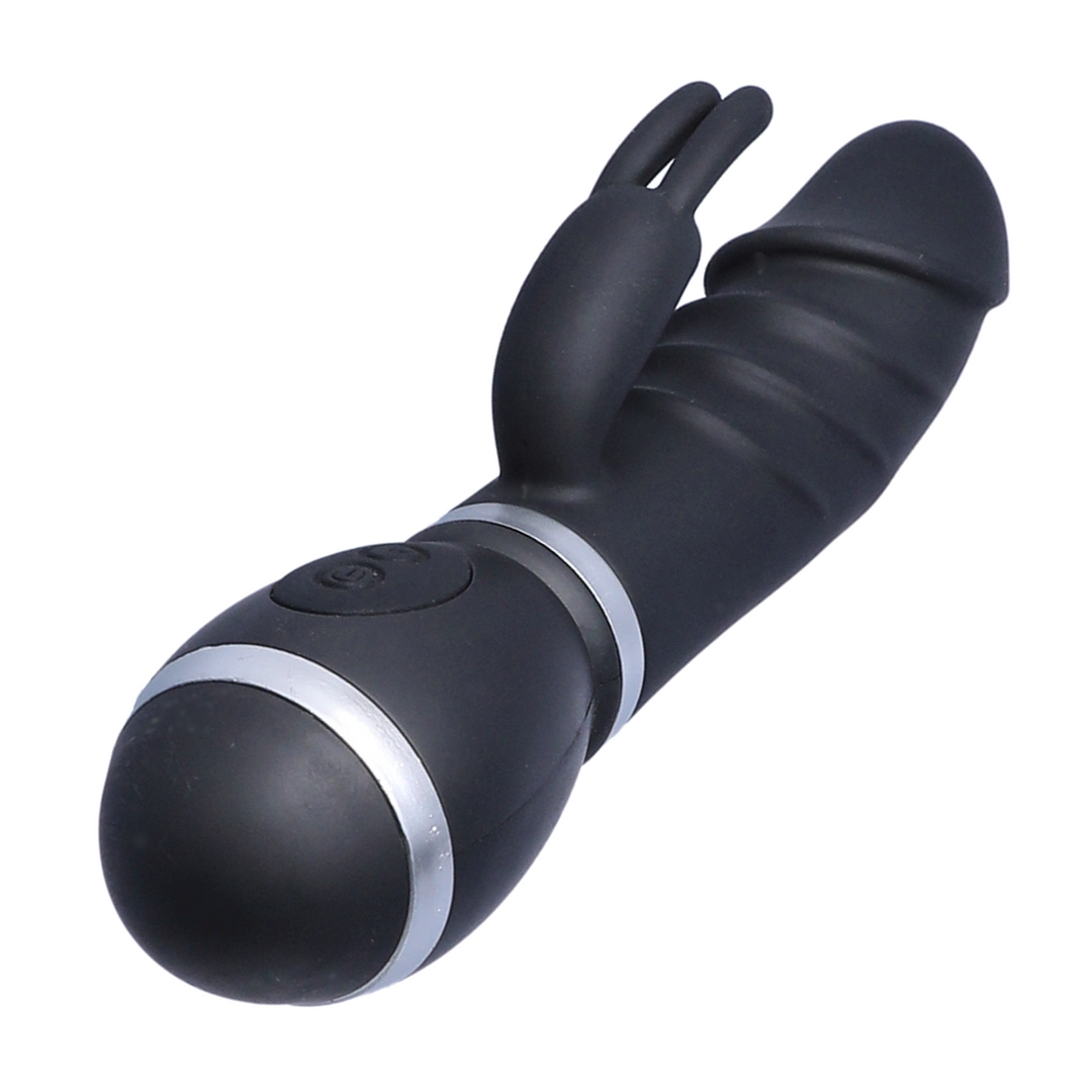 angled view of bottom from black rippled silicone rabbit vibrator 
