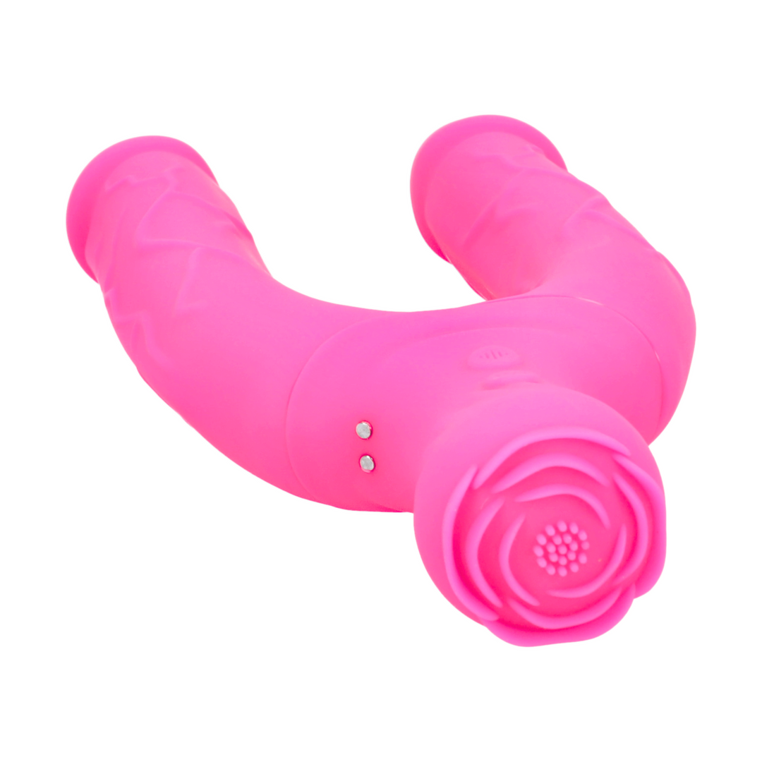close up view of clitoral flower nubby teaser form Bendy Double Dildo Vibrator with Clit Teaser 