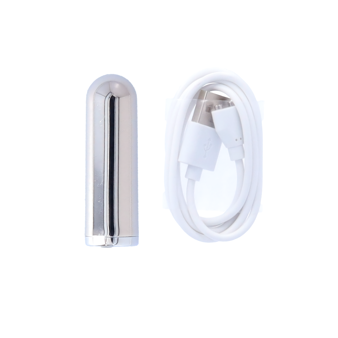 rechargeable waterproof bullet vibrator next to charging cable 