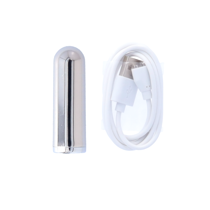 rechargeable waterproof bullet vibrator next to charging cable 